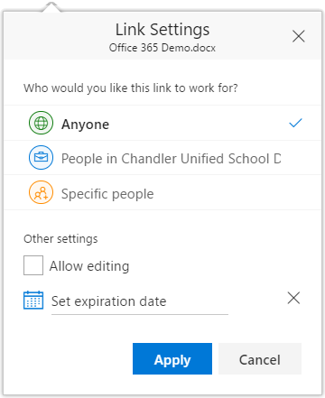 OneDrive Link Settings screen 